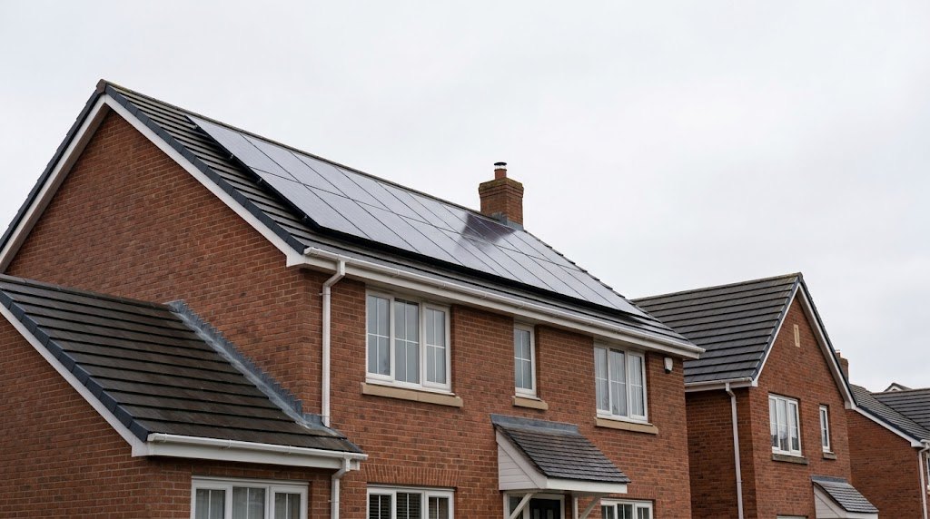 Red brick house with solar panels on the roof, Gloucester