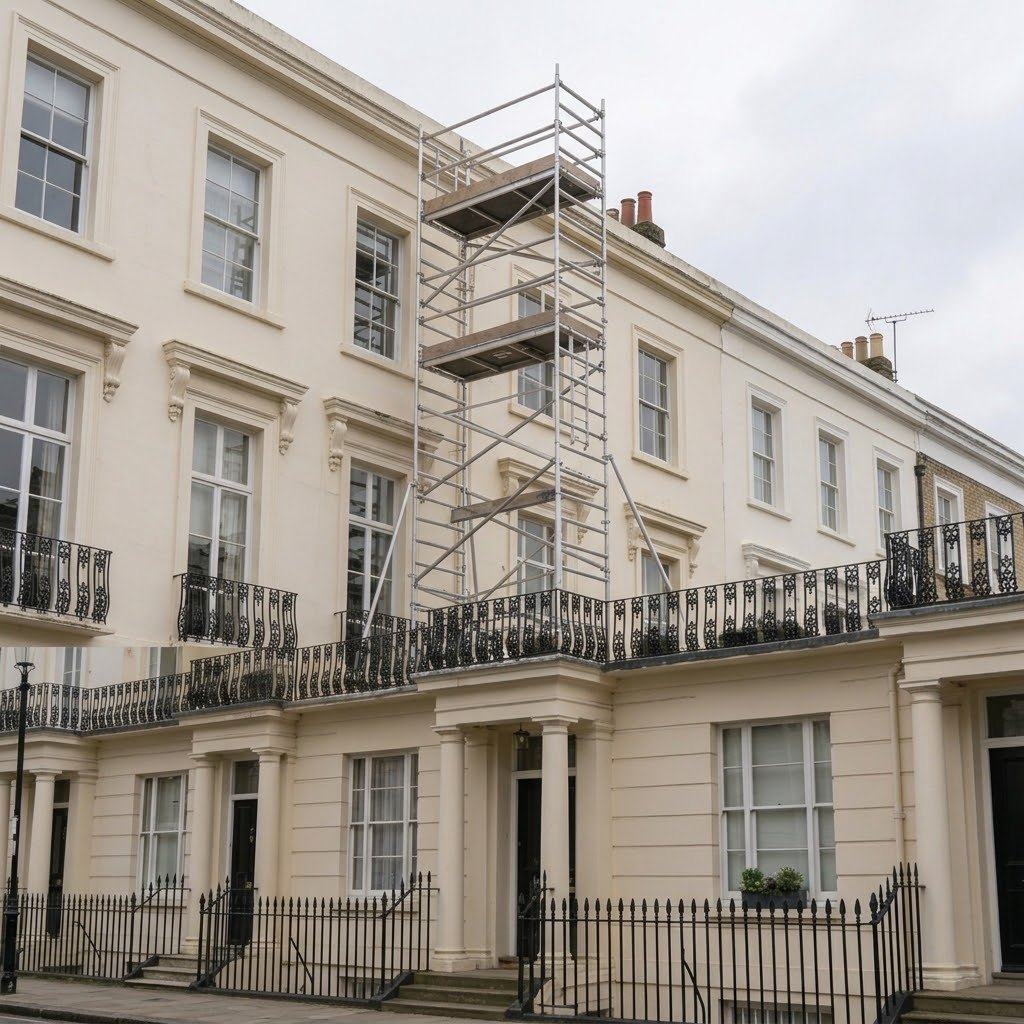 Mobile scaffold tower on a Regency terrace during exterior cleaning