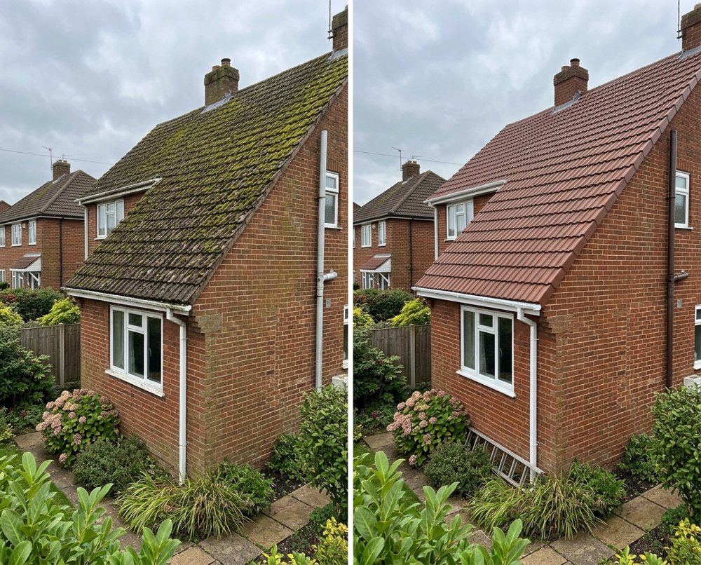 Roof moss removal, before and after